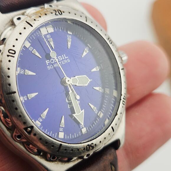 Fossil Men's Silver Tone Chronograph Watch Blue Dial Brown Leather Band AM-3132 - Picture 3 of 6